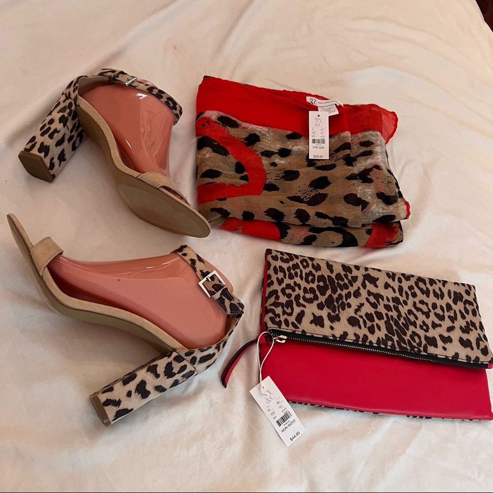 NY&CO leopard print ankle strap sandal size 9, foldover clutch & scarf, NWT